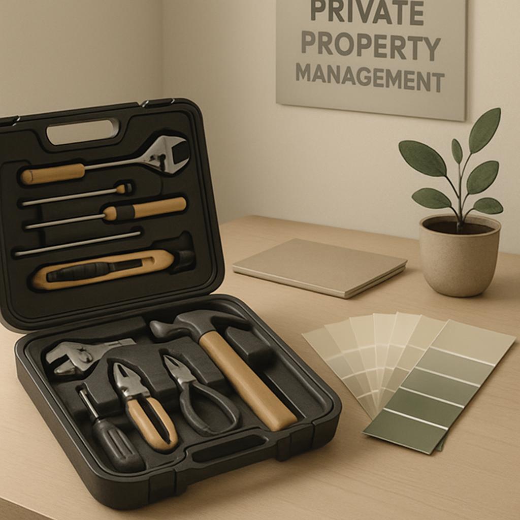 Un assemblage de outils de maintenance en bois et métal dans un coffret noir semblant professionnel.