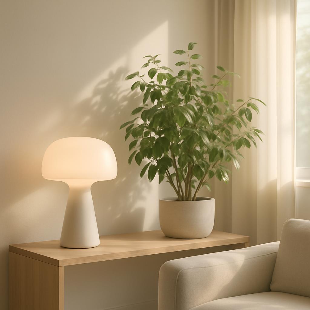 A zoomed-in photo of a chic, modern interior setting featuring a contemporary table lamp, a potted plant, and a smaller so...